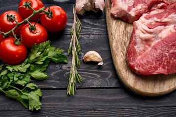 meat steak on wooden board ingredients top view food