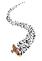Colorful flying birds. Starlings migrating to the south. Abstraction from birds. Vector illustration