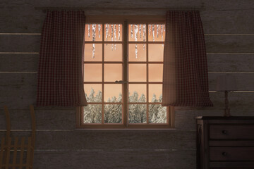 3d rendering of wooden window frame with icicles and winter forest landscape outside the window
