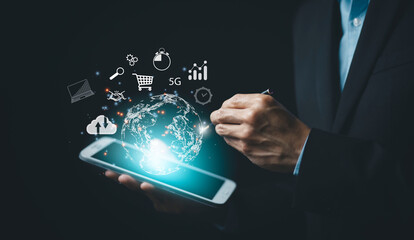 World map and business intelligence concept, Businessman hand touch world with big data and icon,Business global internet connection application technology and digital marketing, Financial and banking