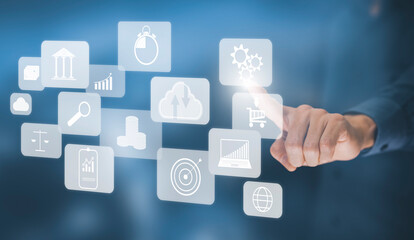 Businessman touchscreen on the graph Screen Icon of a media screen, Technology Process System Business with Communication and marketing concept, Team success, HR Human, Business success