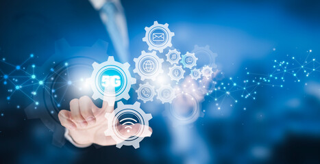 5G Network Wireless Internet with icon concept, Businessman touch hologram  modern technology Comprehensive high speed internet network, technology 5G wireless connect online network,