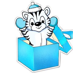 Sticker of a striped, blue tiger in Santa cap, mittens, sitting in a gift box with a bow on insulated white background. Christmas illustration for designers, greeting cards. Symbol of the New Year.