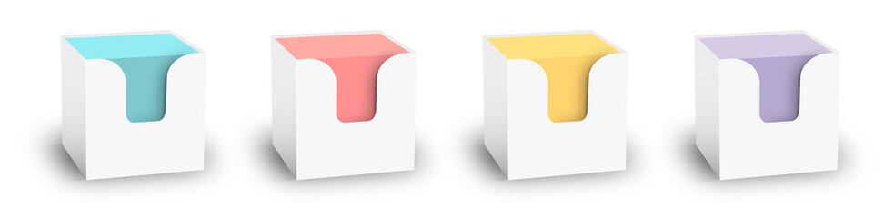 Blank colorful sticker note block plastic holder mockup set, clipping path, 3d rendering. Plain office memo mock up. Post it notes template. Loose adhesive papers for logo design.