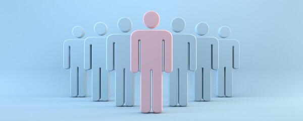 Pink person in front of blue crowd 3D
