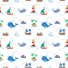 Isolated seamless pattern.Kids textile pattern.Texture for fabric, wrapping, textile, wallpaper, apparel.Repeated texture with sea cartoon characters. Islands, ships, whales, lighthouse.