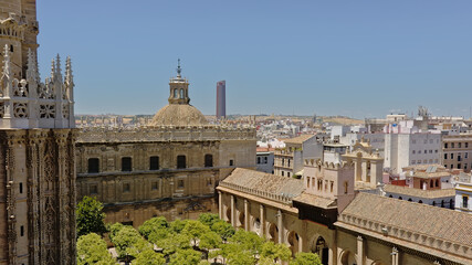 Fototapeta premium Ornate roofs s of the CCathedral of Saint Mary of the See in ornate gothic style in Seville, Spaiin. 