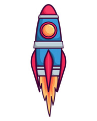 Rocket vector icon in cartoon style isolated on white background. Startup - flat design. Rocket launch and flame. Space theme, space technology. Vector illustration. EPS10.