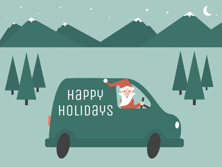 Santa drive bus with inscription Happy holidays 