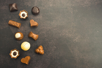 Top view of a variety of chocolate pralines for Valentine´s day.