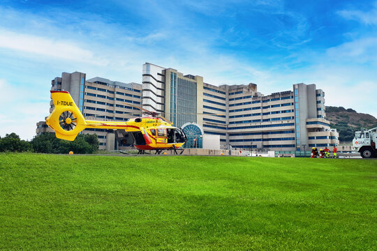 Cagliari, Italy 26-09-2021 Helicopter used for the helicopter rescue service parked at the heliport of the Brotzu Hospital in Cagliari. San Michele hospital unit in Cagliari. Airbus EC145 eurocopter.
