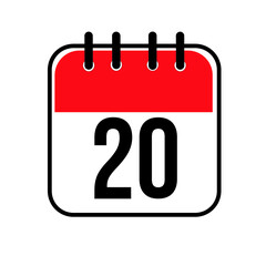 Calendar day 20. Number twenty on a white paper with red border on white background. Vector ilustration.