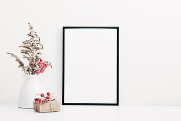 Christmas holiday composition. Xmas decorations. Photo frame on white background. Christmas, New Year, winter concept. front view