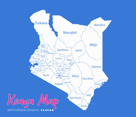 Kenya map, administrative divisions whit names regions, blue background vector