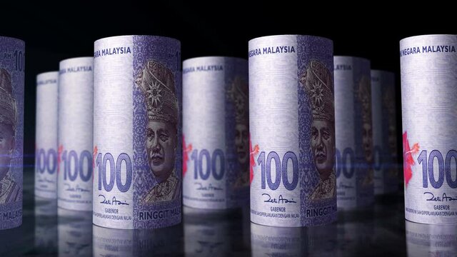 Malaysia Ringgit money rolls loop 3d animation. Camera moving in front of the MYR rolling banknotes. Seamless loopable concept of economy, finance, business and debt.