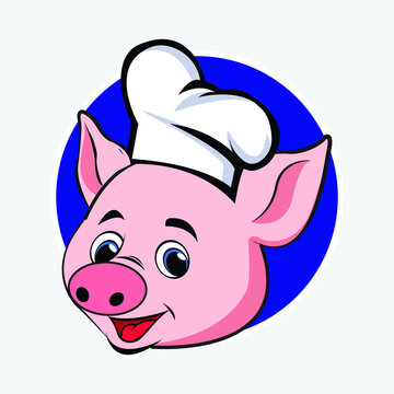 Vector image of an Pig chef on blue and gray  background.