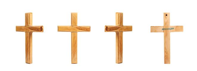 Set of Wooden crucifix standing on white background.