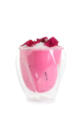 Glass of tasty rose latte on white background