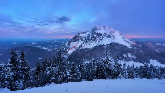 Winter frozen mountain panorama landscape in Slovakia, Blue hour before sunrise