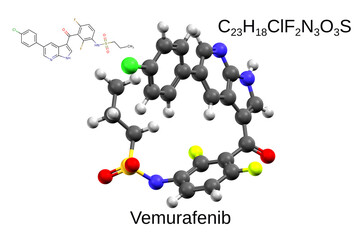 Chemical formula, structural formula and 3D ball-and-stick model of the anticancer drug vemurafenib, white background
