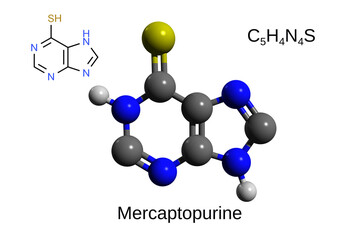 Chemical formula, structural formula and 3D ball-and-stick model of the anticancer drug mercaptopurine, white background