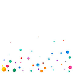 Watercolor confetti on white background. Admirable rainbow colored dots. Happy celebration square colorful bright card. Eminent hand painted confetti.
