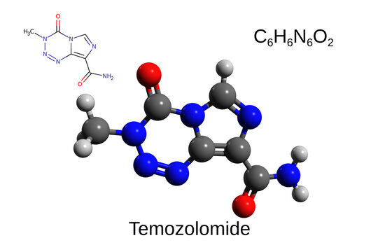 Chemical formula, structural formula and 3D ball-and-stick model of the anticancer drug temozolomide, white background