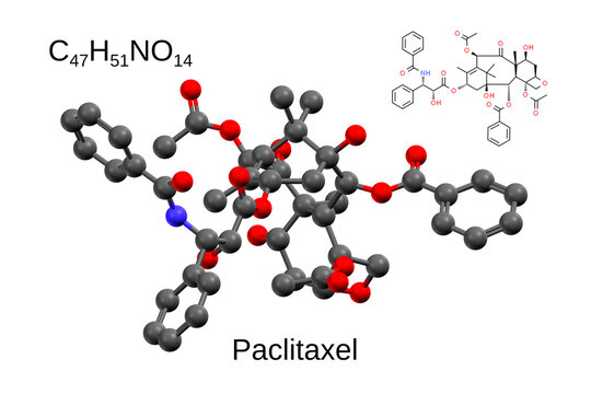 Chemical formula, structural formula and 3D ball-and-stick model of the anticancer drug paclitaxel, white background