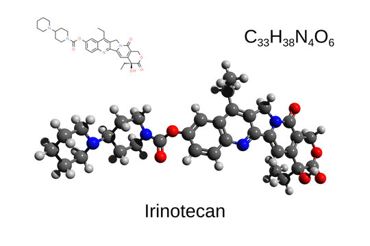 Chemical formula, structural formula and 3D ball-and-stick model of the anticancer drug irinotecan, white background