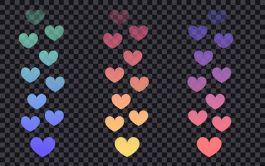 Set of colorful flying hearts for live stream on transparent background using trend gradient colors. Social media concept. Vector illustration