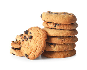 Tasty homemade cookies with chocolate chips on white background