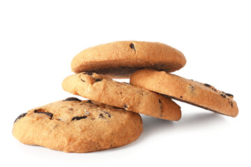 Tasty homemade cookies with chocolate chips on white background