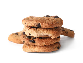 Tasty homemade cookies with chocolate chips on white background