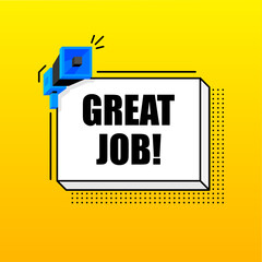 Great Job banner template. Marketing flyer with megaphone. Isometric and geometric style. Template for retail promotion and announcement. Vector illustration.