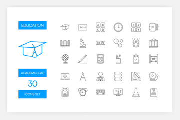 Set of blue color line icons of Education isolated on white background. Vector illustration.
