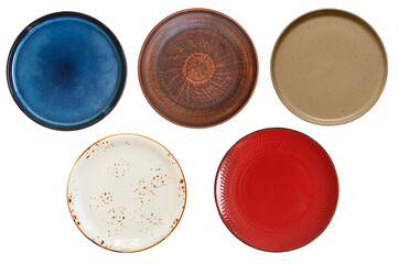 clean empty handmade ceramic plate isolated on white background, food dishes for cut out and design, copy space and mock up template.