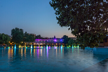 Sunset view of Singing Fountains in City of Plovdiv, Bulgaria