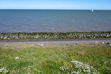 View on Afsluidijk, long dam with freeway for protection of Netherlands from North Sea