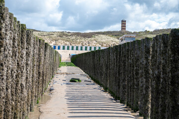 View on wooden poles at white sandy North sea beach near Zoutelande, Zeeland, Netherlands