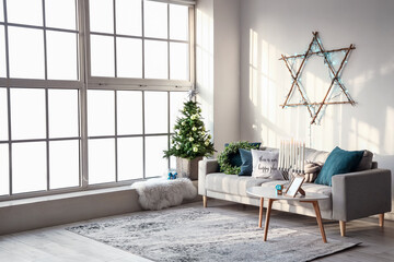 Interior of room decorated for Hanukkah celebration