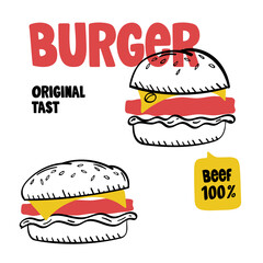 Beef Burger vector Doodle illustration. Hand drawn illustration.