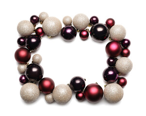 Frame made of different Christmas balls on white background