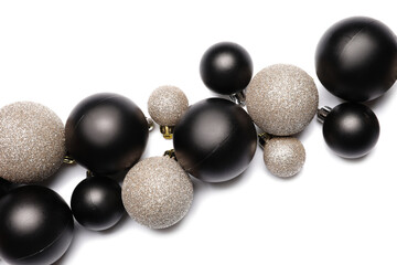 Fototapeta na wymiar Composition with different Christmas balls on white background, closeup