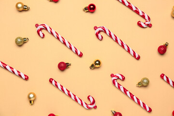 Different Christmas decorations on color background