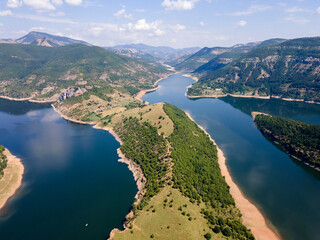 Fototapeta premium Aerial view of Arda River meander at Kardzhali Reservoir, Bulgaria