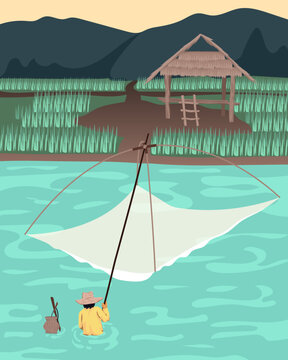 Fisherman using Cheena Vala Asian fishing net