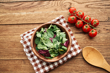 salad plate vegetables fresh ingredients wooden table kitchen
