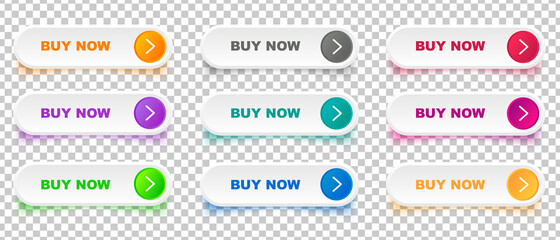 Buy Now Button Icons Set. Shop Now Buttons, Shopping Vector Design on Transparent Background.