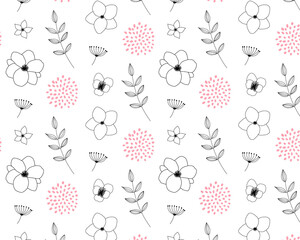 線画のモノクロの花柄のパターン背景イラスト（白）