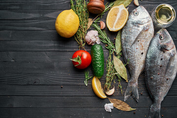 fresh fish ingredients wood board restaurant delicacy